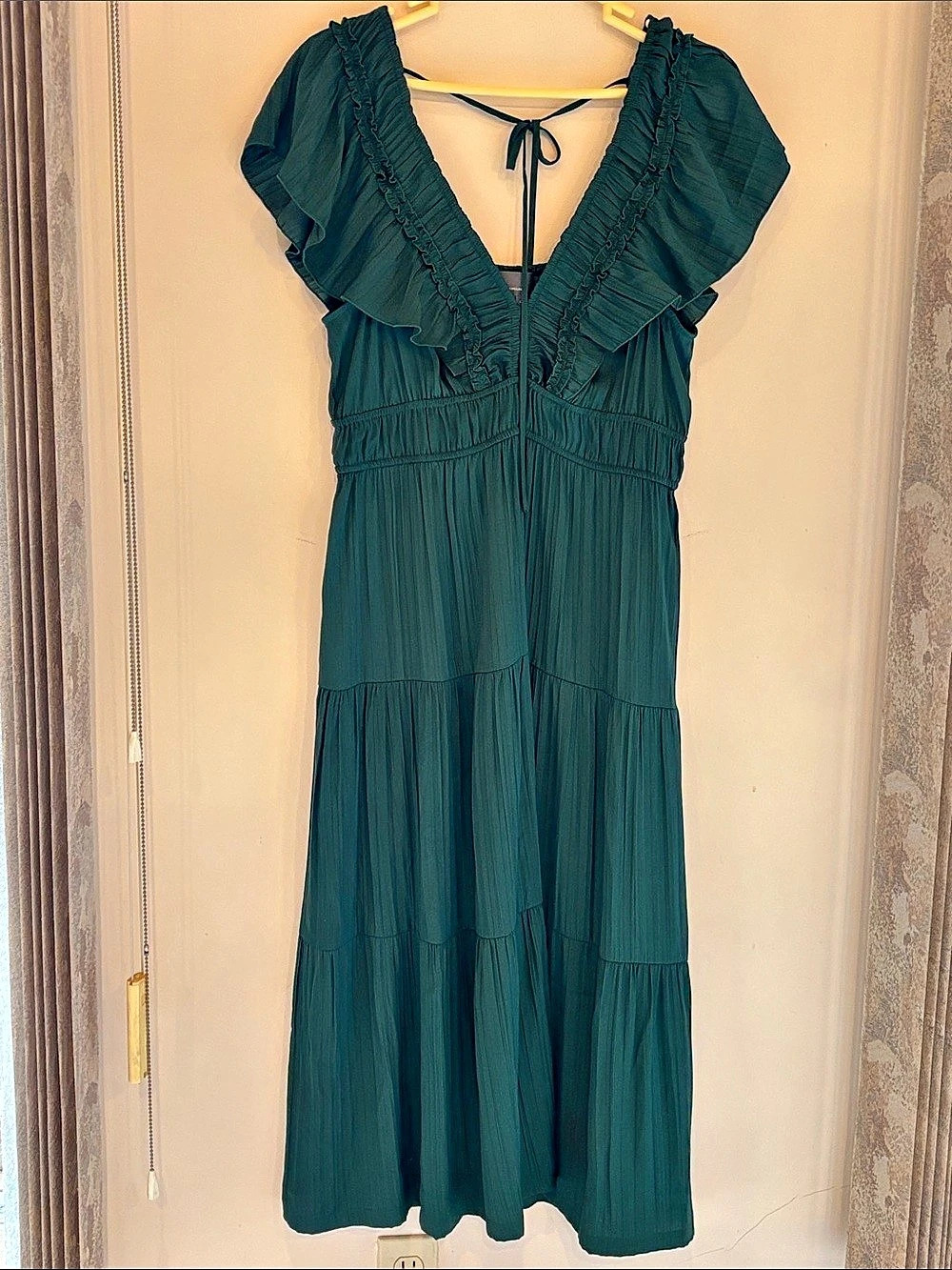 Anthropologie By Anthropologie Tie-Back Ruffle-Hem Midi Dress Green Large